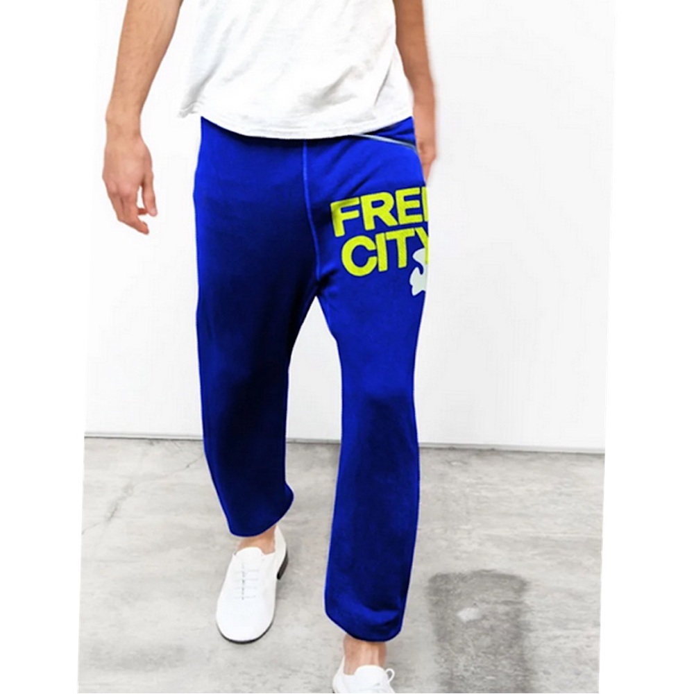 FREECITY—Superfluff OG Sweatpant, Royal Blue and Lime Font. Size Small